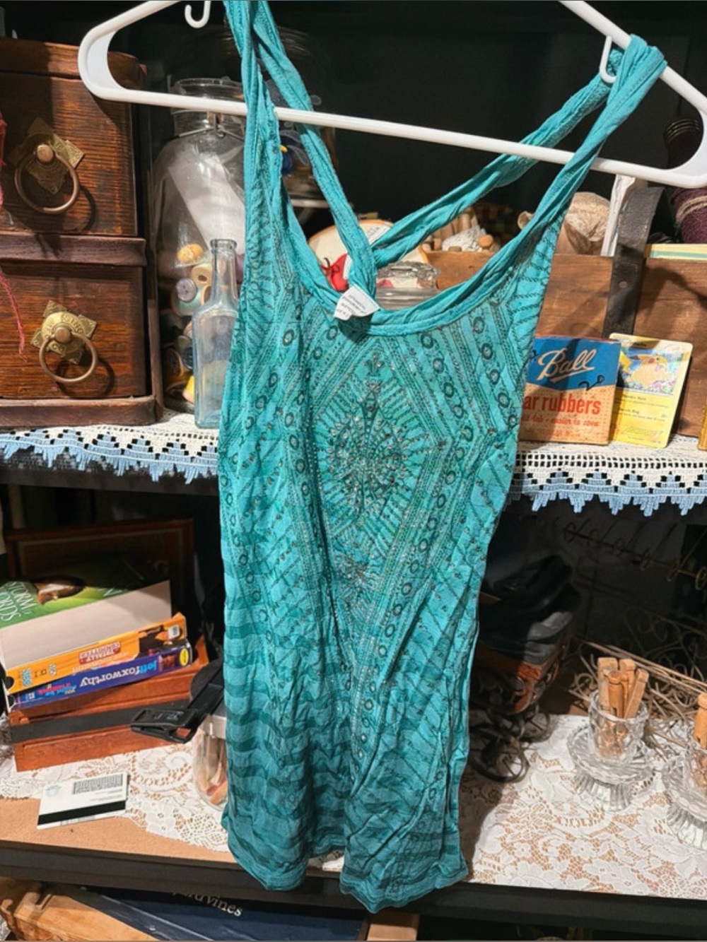 Miss Me Teal Patterned Crisscross Tank